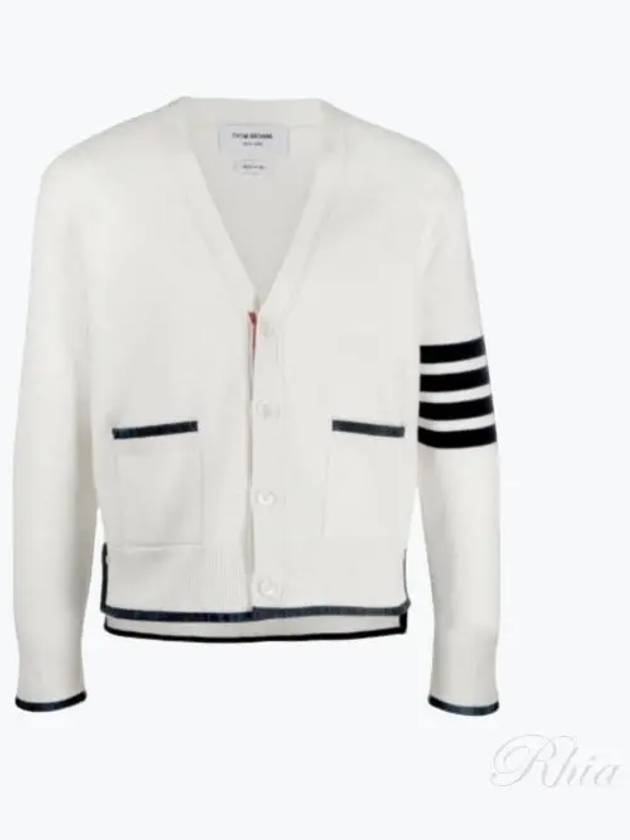 V-Neck Diagonal Armband Cardigan White - THOM BROWNE - BALAAN 2