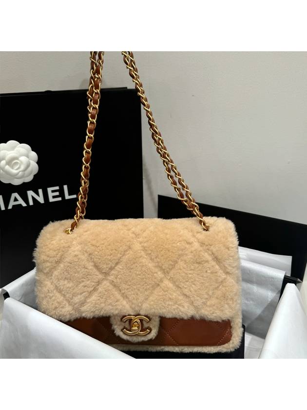 Classic Flap Bag Shearling Lambskin Gold Beige Brown - CHANEL - BALAAN 3