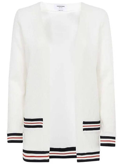 Cricket Stripe Lightweight Textured Cotton V-Neck Cardigan White - THOM BROWNE - BALAAN 2