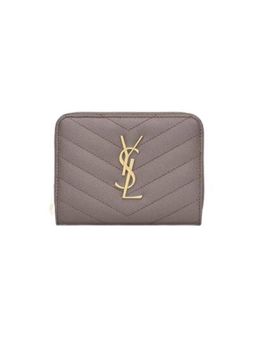 Monogram Zipper Grained Leather Half Wallet Fog - SAINT LAURENT - BALAAN 1