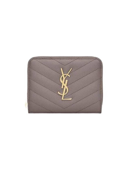 Monogram Zipper Grained Leather Half Wallet Fog - SAINT LAURENT - BALAAN 1