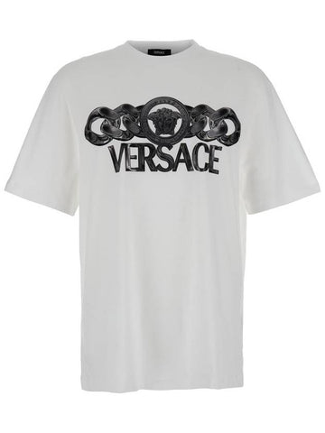 White T-Shirt With Medusa Head Logo Print On The Front In Cotton Man - VERSACE - BALAAN 1