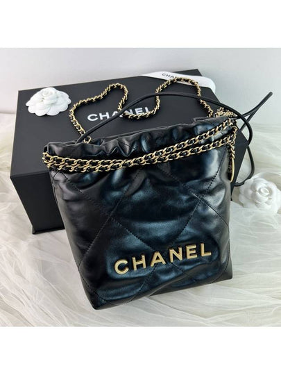 22 Gold Logo Shiny Calfskin Mini Shoulder Bag Black - CHANEL - BALAAN 2