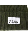 Logo Patch Ribbed Knit Beanie Khaki - GANNI - BALAAN 5