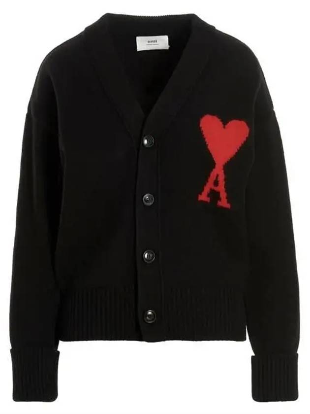 Intarsia Big Heart Logo Oversized Virgin Wool Cardigan Black - AMI - BALAAN 2