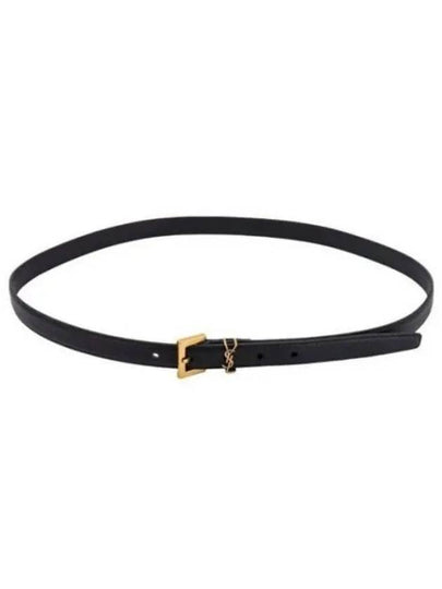 Cassandre Grained Leather Square Buckle Thin Belt Black - SAINT LAURENT - BALAAN 2