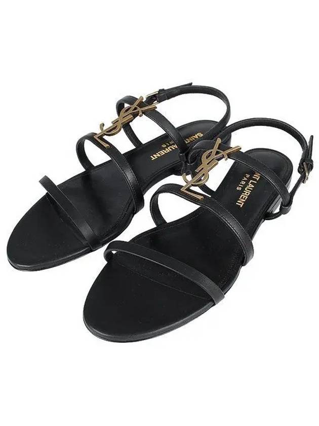 Women's Smooth Leather Gold Tone Monogram Detail Cassandra Flat Sandals Black - SAINT LAURENT - BALAAN 2