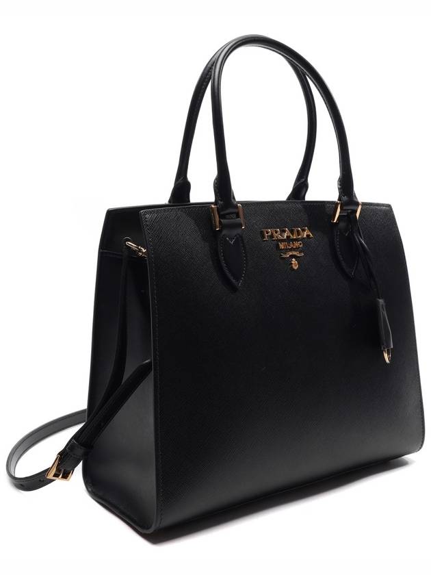 Saffiano Gold Square Leather Tote Bag Black - PRADA - BALAAN 4