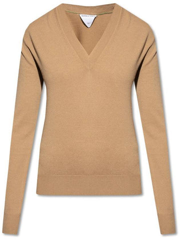 Wool V-neck Stretch Knit Brown - BOTTEGA VENETA - BALAAN 1