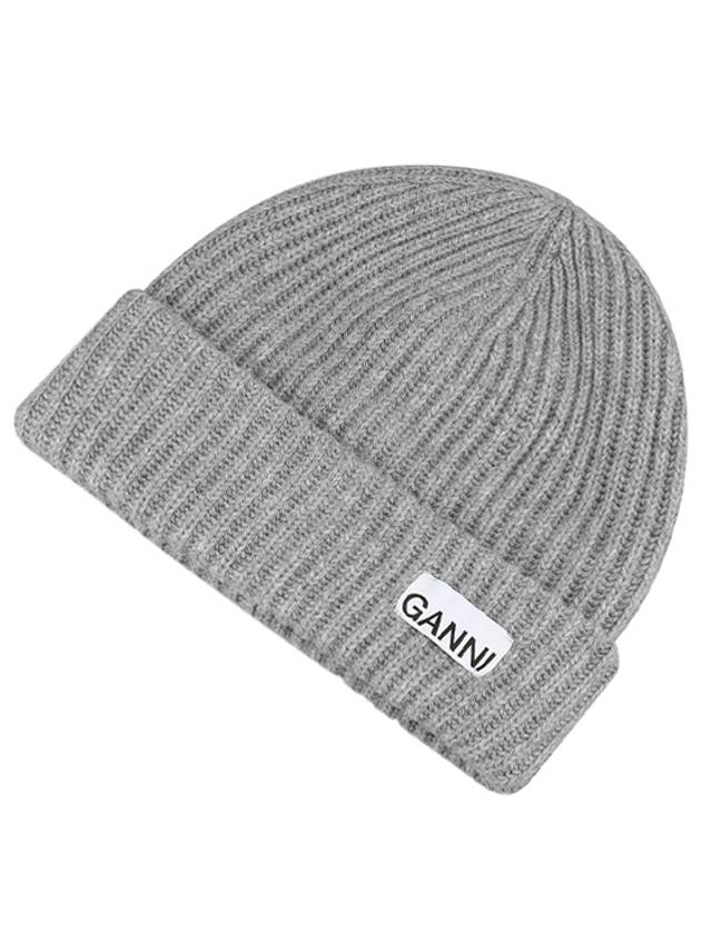 Logo Patch Knit Beanie Grey - GANNI - BALAAN 2