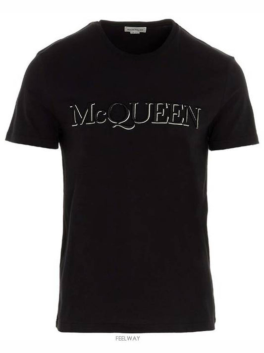 Men's Logo Embroidered Short Sleeve T-Shirt Black - ALEXANDER MCQUEEN - BALAAN.