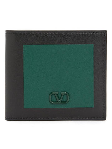 V Logo Signature Half Wallet Black Green - VALENTINO - BALAAN 1