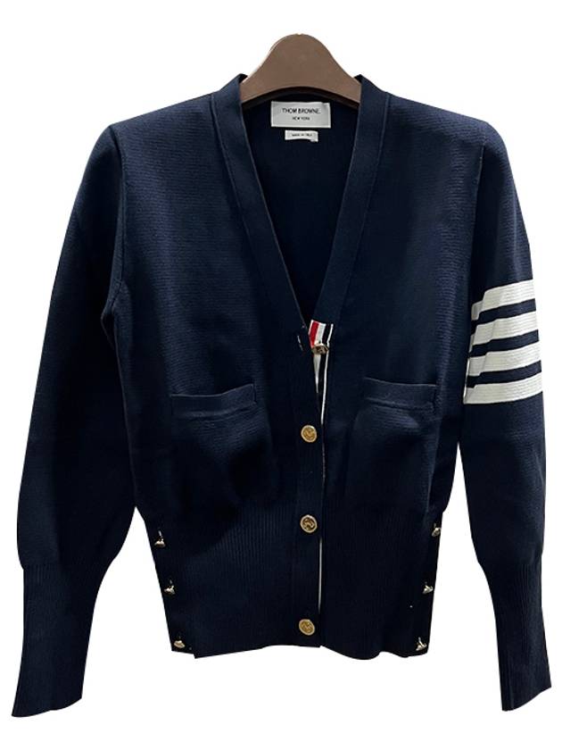 Cotton 4-Bar Milano Classic V-Neck Cardigan Navy - THOM BROWNE - BALAAN 3