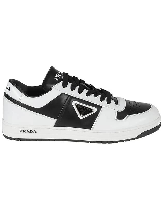 Men's Downtown Triangle Logo Leather Low Top Sneakers Black White - PRADA - BALAAN 3