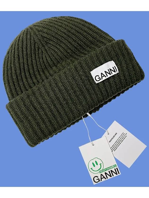 Logo Patch Knit Beanie Green - GANNI - BALAAN 6