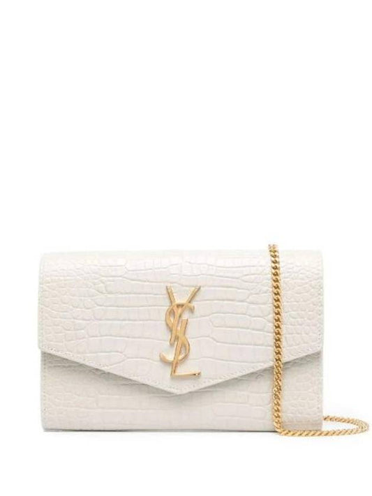 Crocodile Embossed Leather Uptown Chain Wallet Blanc White - SAINT LAURENT - BALAAN 1