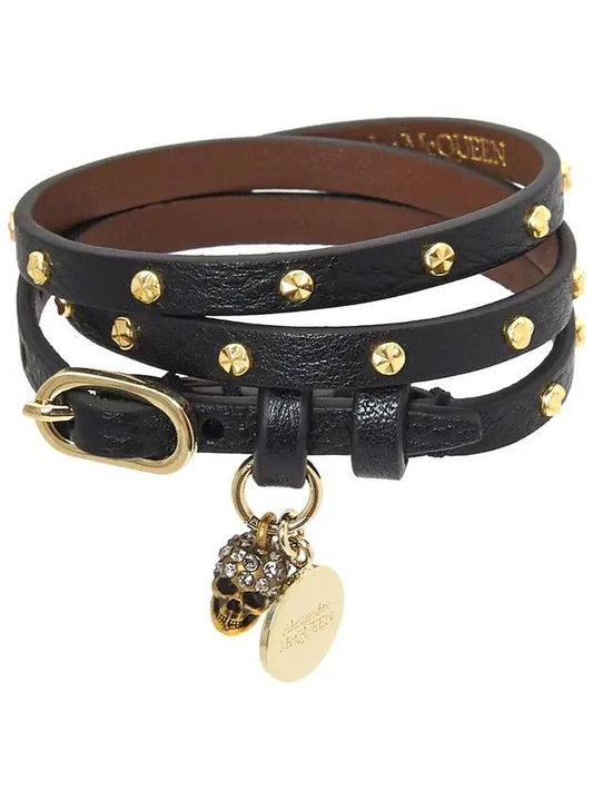 Hammered Gold Stud Skull Double Wrap Leather Bracelet Black - ALEXANDER MCQUEEN - BALAAN 1