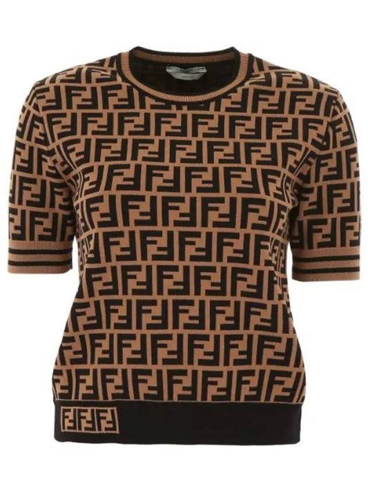 FF Motif Short Sleeve Knit Top Brown - FENDI - BALAAN 2