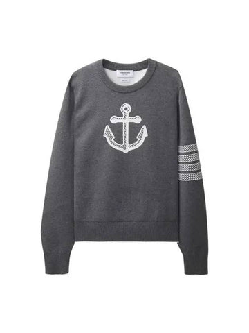 Men's Anchor Jacquard 4-Bar Crew Neck Knit Top Med Grey - THOM BROWNE - BALAAN 1