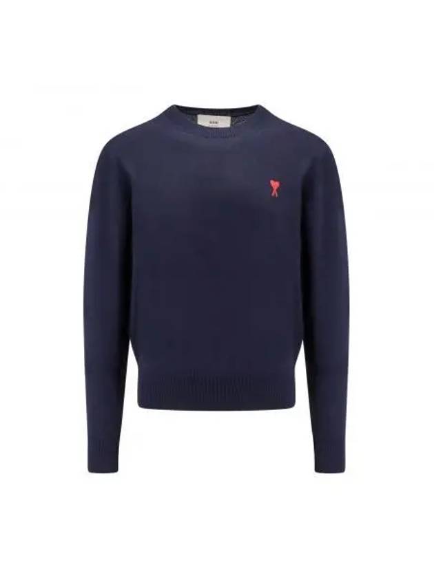 Heart Embroidered Logo Crew Neck Knit Top Navy - AMI - BALAAN 2