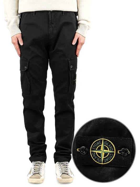 Garment Dyed Old Effect Stretch Broken Twill Cotton Cargo Pants Black - STONE ISLAND - BALAAN 2