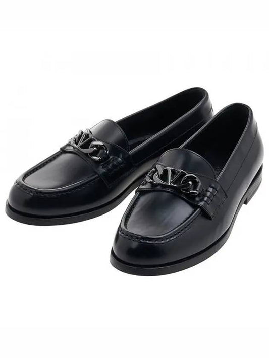 V Logo Chain Leather Loafers Black - VALENTINO - BALAAN 2