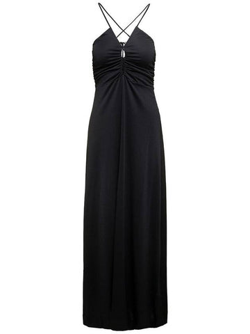 Maxi Black Dress With Drawstring And Criss-Cross Straps In Jersey Woman - GANNI - BALAAN 1