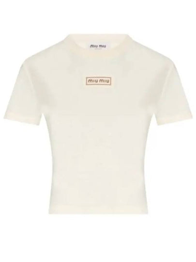 Logo Patch Crop Cotton Short Sleeve T-shirt Light Beige - MIU MIU - BALAAN 2