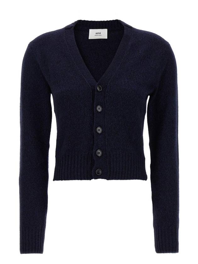 Embroidered Heart Logo Cashmere Cardigan Navy - AMI - BALAAN 1