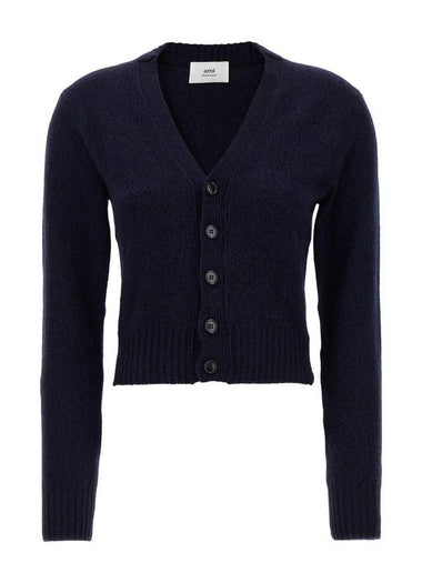 Embroidered Heart Logo Cashmere Cardigan Navy - AMI - BALAAN 1