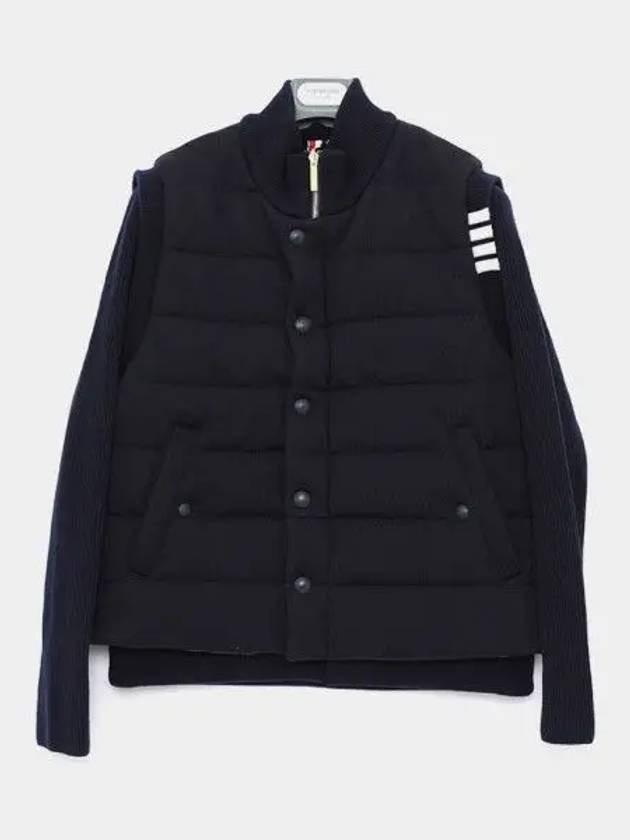 Men's Reversible Padded 4 Bar Funnel Neck Merino Jersey Padding Jacket Navy - THOM BROWNE - BALAAN 2