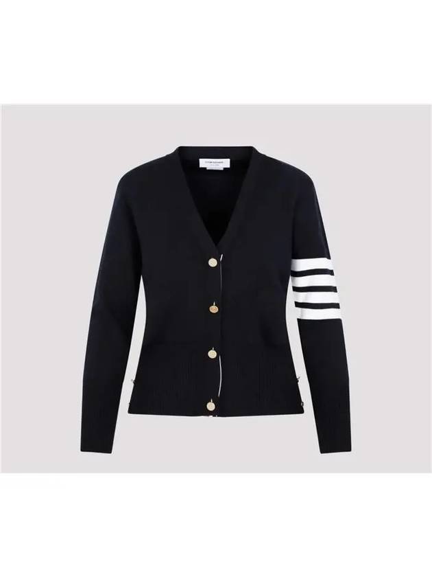 Milano Stitch 4 Bar Classic V Neck Fine Merino Wool Cardigan Navy - THOM BROWNE - BALAAN 2