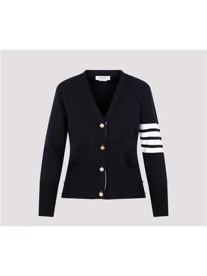 Milano Stitch 4 Bar Classic V Neck Fine Merino Wool Cardigan Navy - THOM BROWNE - BALAAN 2