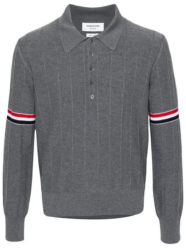 Striped Virgin Wool Long Sleeve Polo Shirt Grey - THOM BROWNE - BALAAN 3