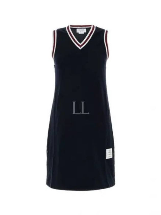 Women's Classic Pique Stripe V-Neck Cotton Tennis Dress Navy - THOM BROWNE - BALAAN 2