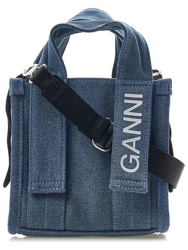 Tech Mini Logo Print Denim Tote Bag Navy - GANNI - BALAAN 4