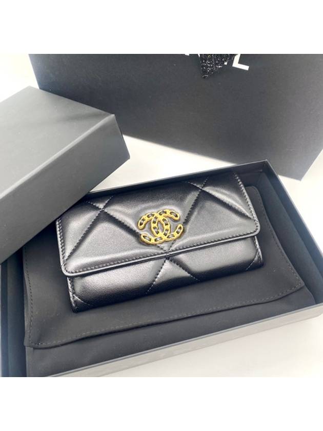 19 Long Flap Wallet Lambskin Gold Black - CHANEL - BALAAN 3