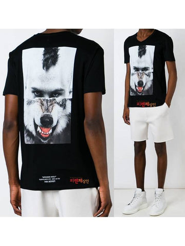 Size 95 Black Mohican Wolf Face Printing Vneck Short Sleeve Tshirt - NEIL BARRETT - BALAAN 1