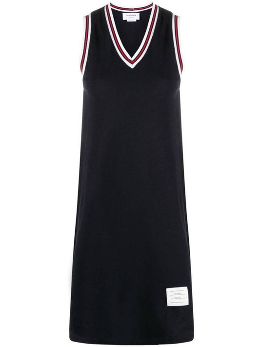 Women's Classic Pique Stripe V-Neck Cotton Tennis Dress Navy - THOM BROWNE - BALAAN 1