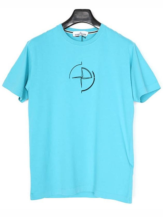 Men's Compass Embroidery Back Lettering Short Sleeve T-Shirt Blue - STONE ISLAND - BALAAN 2