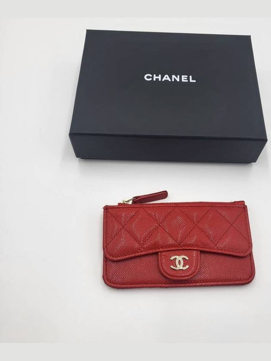 CC logo classic zipper card wallet caviar red gold AP2570 - CHANEL - BALAAN 1