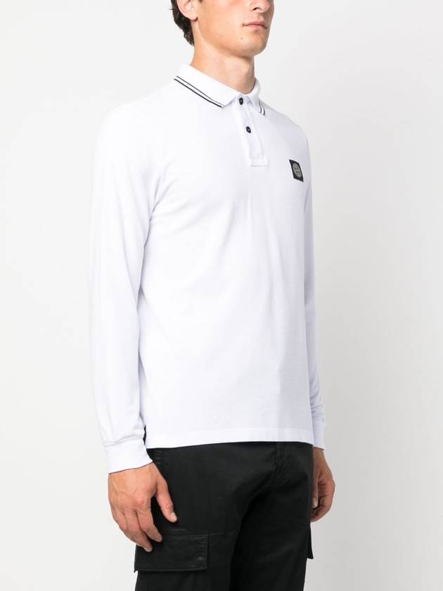 Stretch Qiqué Logo Long Sleeve Polo Shirt White - STONE ISLAND - BALAAN 4