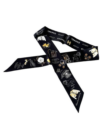 CC Logo Signature Printed Silk Twilly Bandeau Scarf Black - CHANEL - BALAAN 1