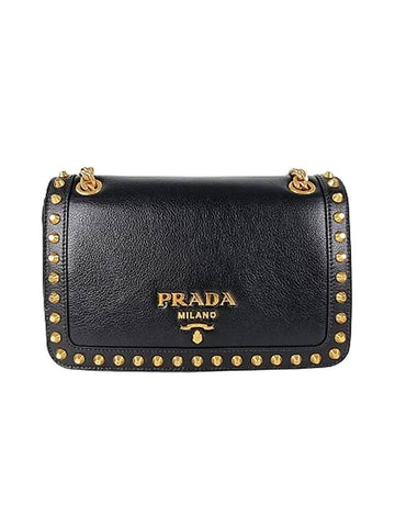 Grace Calf Stud Chain Shoulder Bag Black - PRADA - BALAAN 1