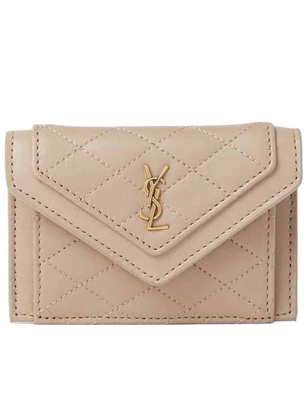 Gabi Logo Quilted Lambskin Card Wallet Beige - SAINT LAURENT - BALAAN 1