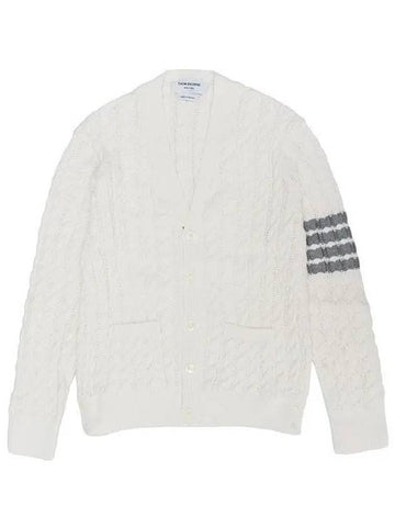 Men s 4 Bar Cable Knit V Neck Cardigan MKC396 Y3017 100 White 270717 1147522 - THOM BROWNE - BALAAN 1