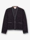 V Neck Striped Trim Buttoned Cuffs Wool Mohair Cardigan Navy - THOM BROWNE - BALAAN 2