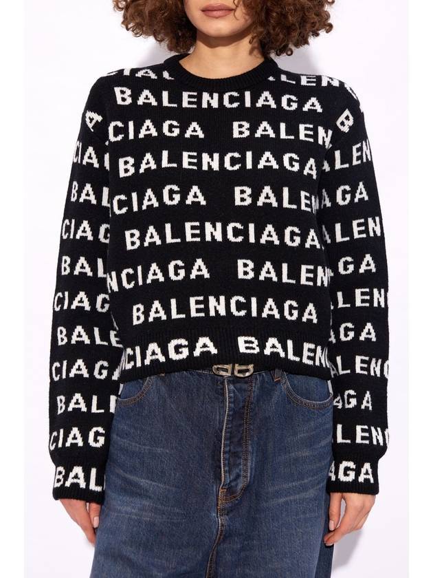 Intarsia All-Over Logo Crew Neck Knit Top Black - BALENCIAGA - BALAAN 4