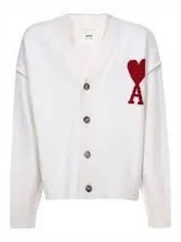 Heart Logo V Neck Wool Cardigan Off White - AMI - BALAAN 2