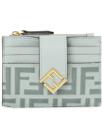 FF Diamonds Leather Zip Card Wallet Light Blue - FENDI - BALAAN 1